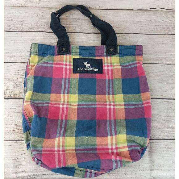 Abercrombie & Fitch Pink Blue Yellow Plaid Tote Carry Bag Vintage - Picture 1 of 5